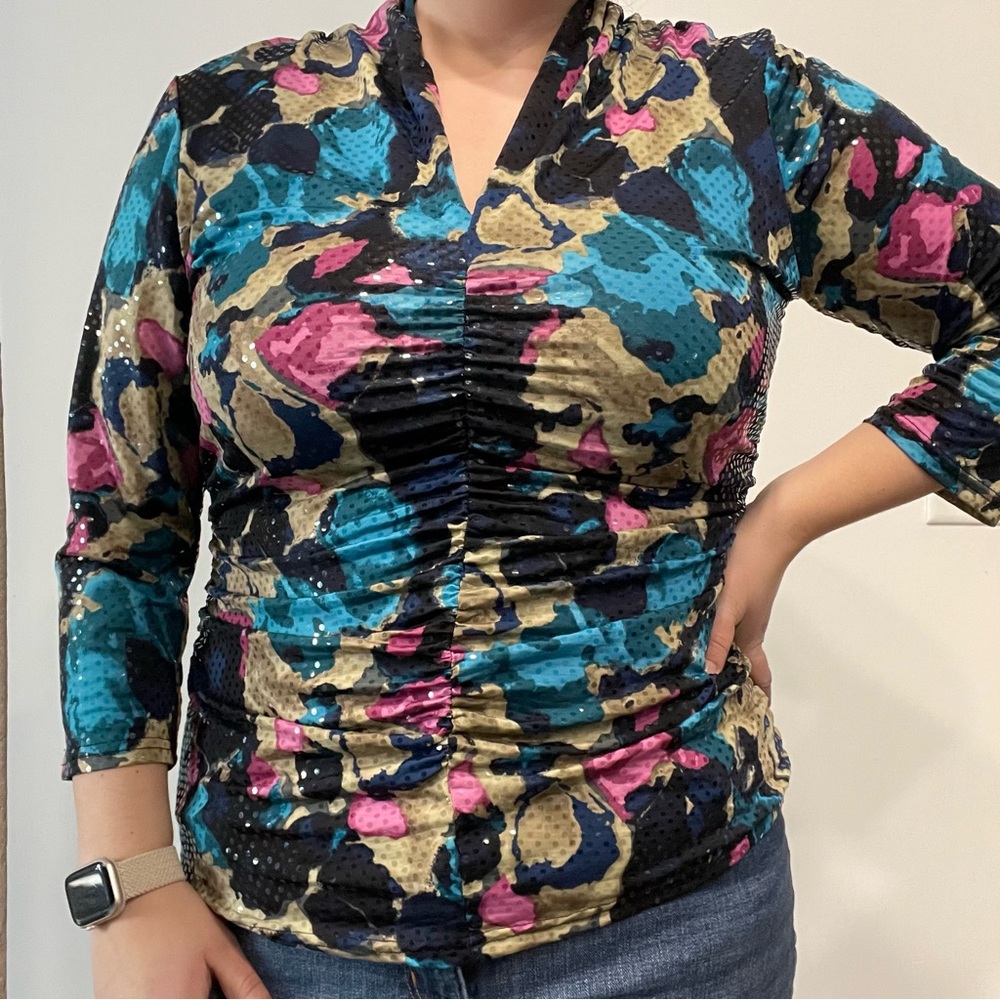 RAFAELLA Ruched Colorful Sequin Blouse